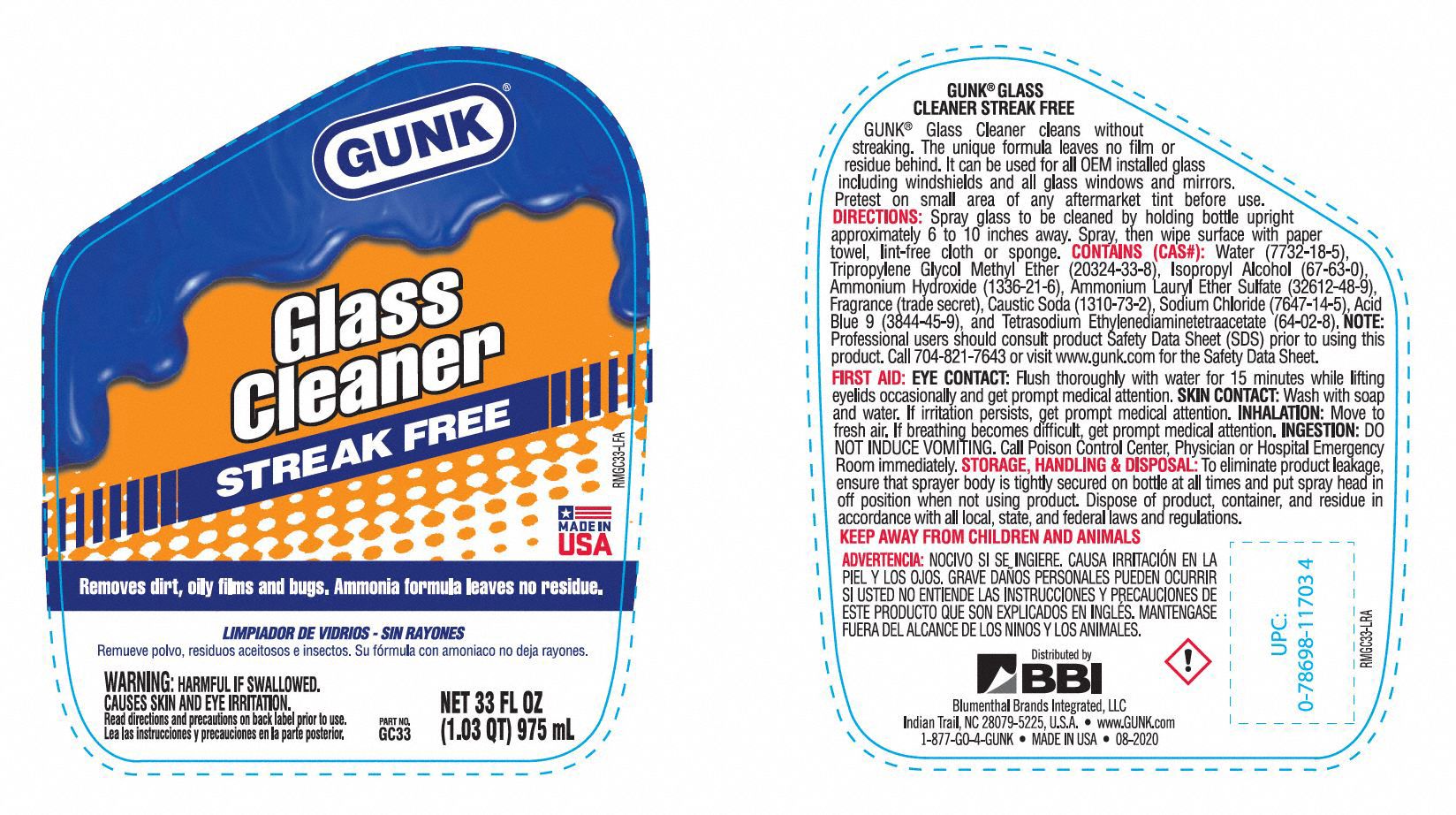 GUNK Glass Cleaner Liquid, Trigger Spray Bottle, 33 oz, Unscented
