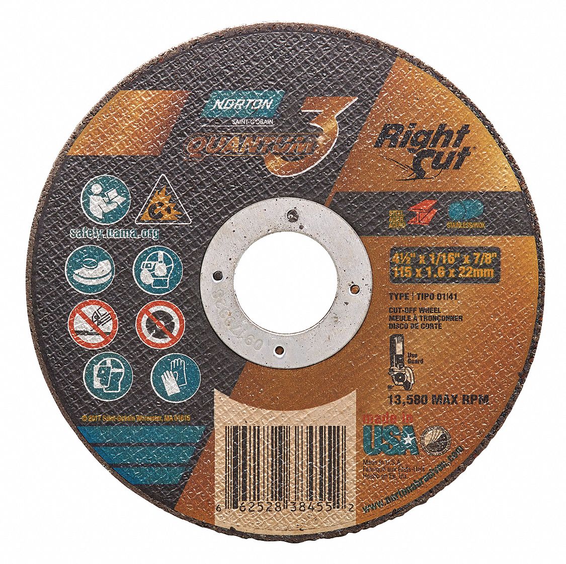 NORTON 4 1/2 in, Type 1 Ceramic Abrasive CutOff Wheel, 7/8 in Arbor Hole Size, 0.0625 in