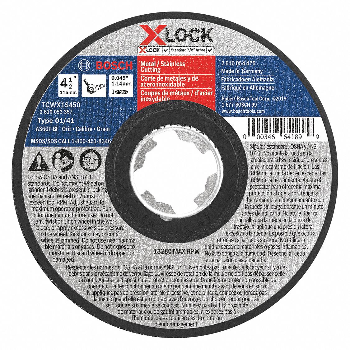 BOSCH 4 1/2 in, Type 1 Aluminum Oxide Abrasive CutOff Wheel, 7/8 in Arbor Hole Size 54ZT79