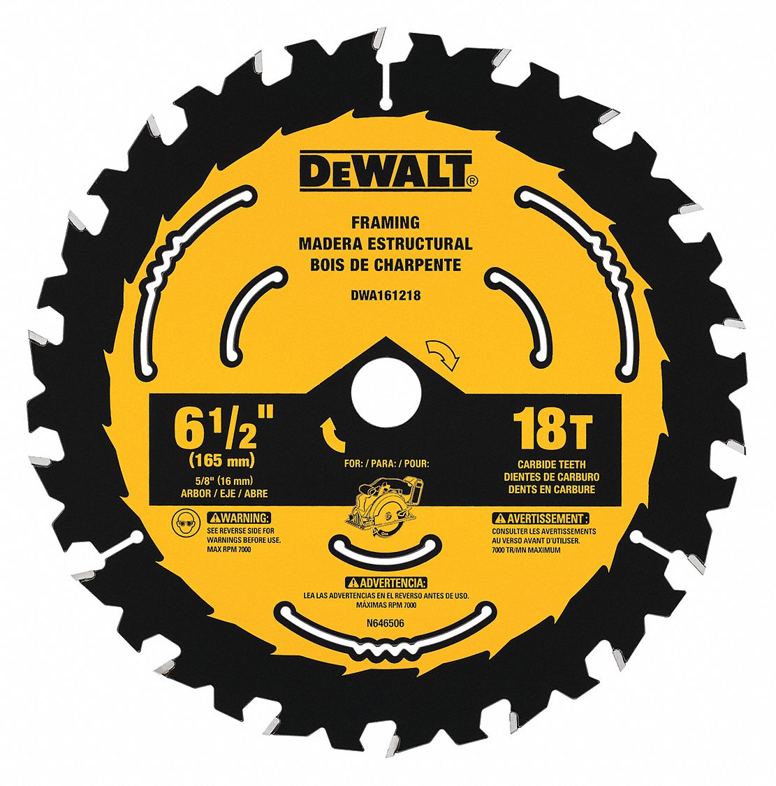 DEWALT Circular Saw Blade, Wood Materials Cut, 6 1/2 in Blade Dia., 5/8
