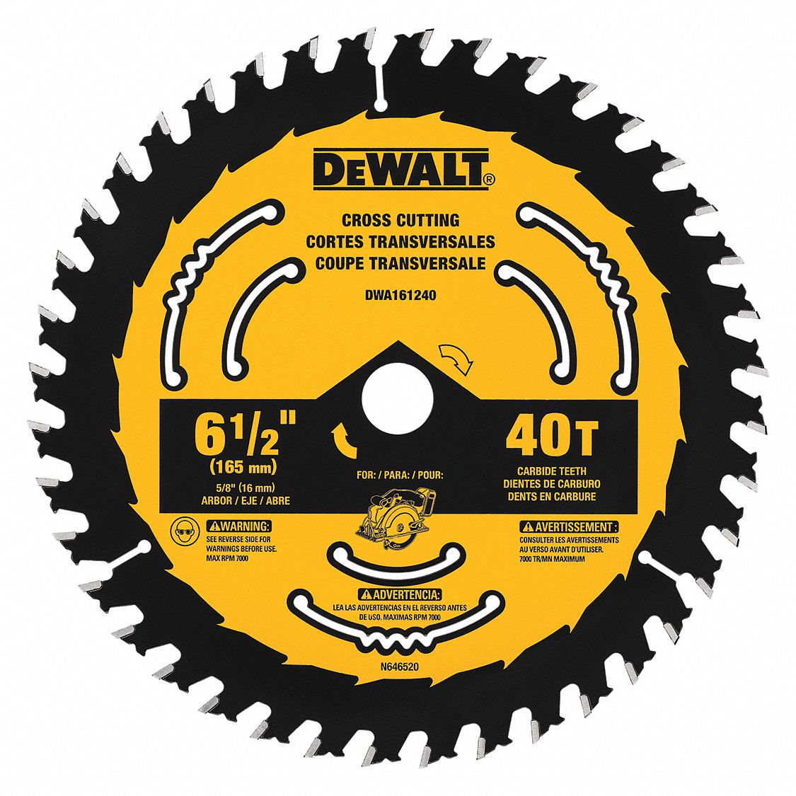 DEWALT Circular Saw Blade, Wood Materials Cut, 6 1/2 in Blade Dia., 5/8