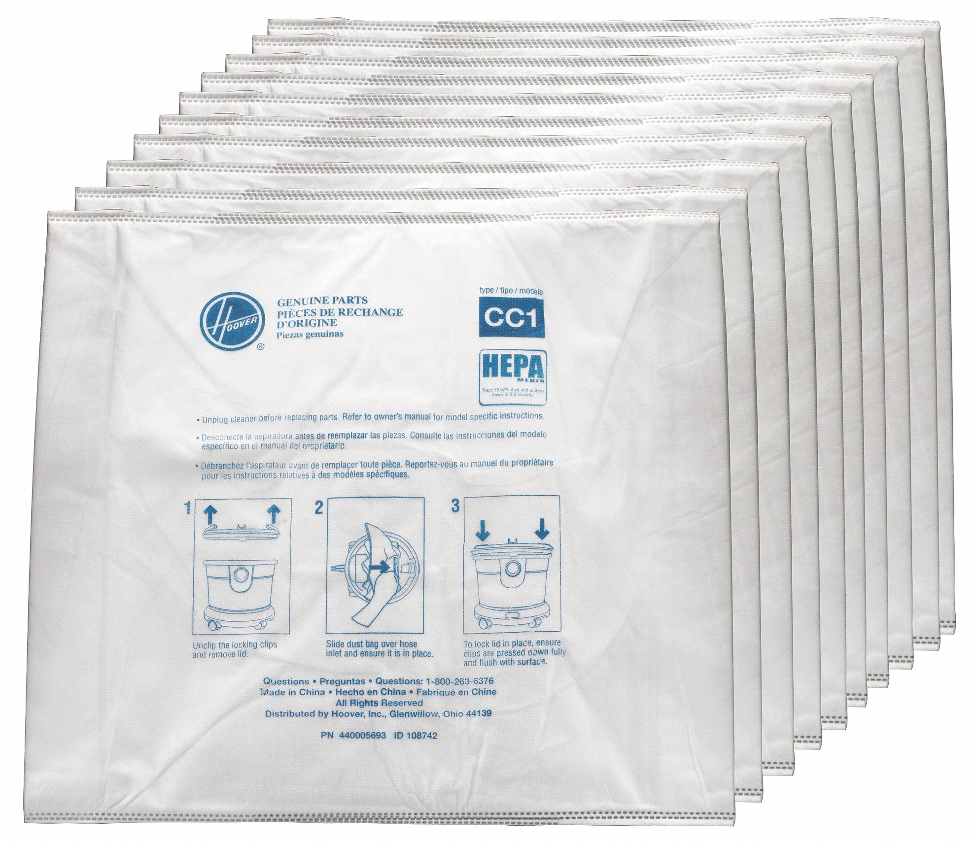 HOOVER COMMERCIAL Vacuum Bag, Paper, 3Ply, HEPA Bag Filtration Type
