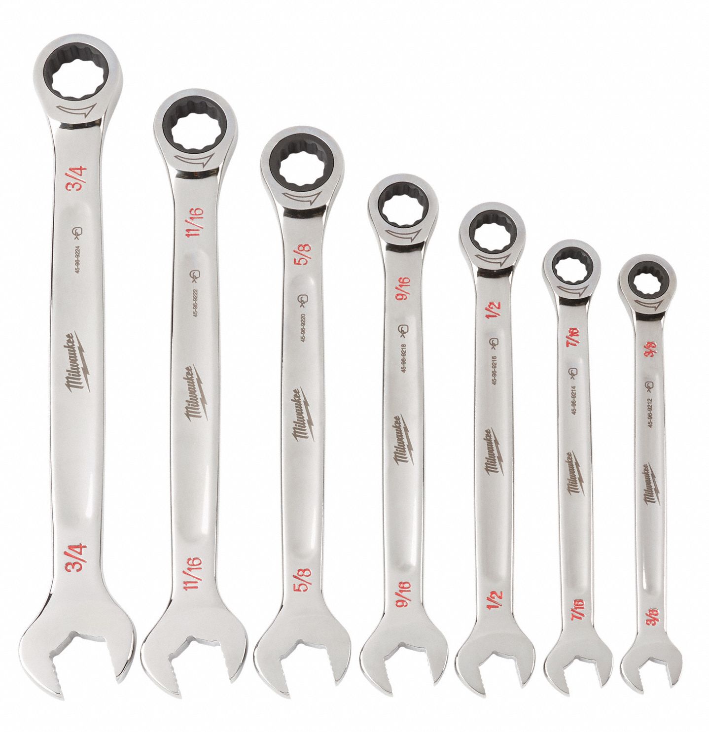 MILWAUKEE Ratcheting Combination Wrench Set Alloy Steel, Chrome, 7 Tools, Std, Reversing
