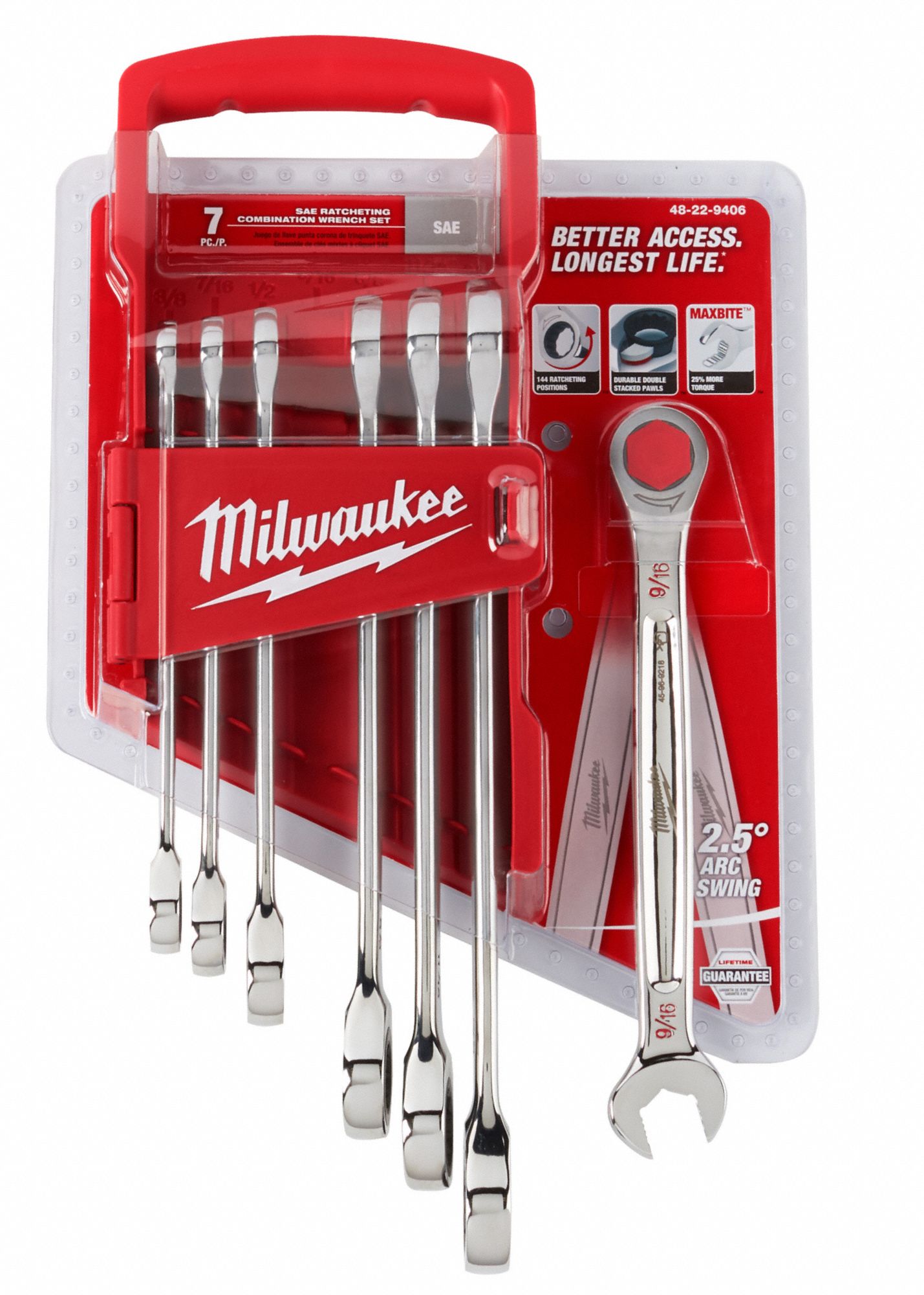 MILWAUKEE Ratcheting Combination Wrench Set Alloy Steel, Chrome, 7 Tools, Std, Reversing