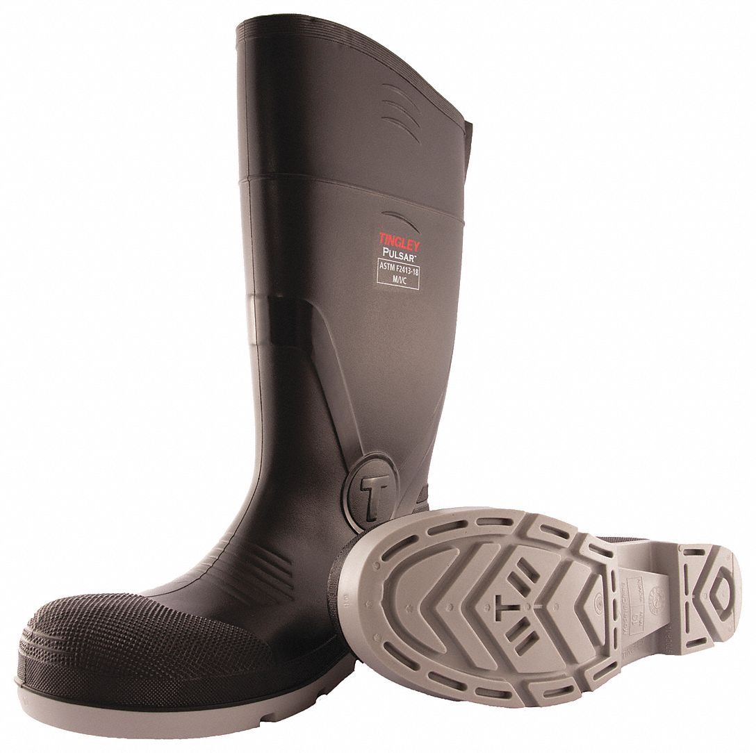 TINGLEY Rubber Boot, Men's, 9, Knee, Plain Toe Type, PVC, Black, Gray