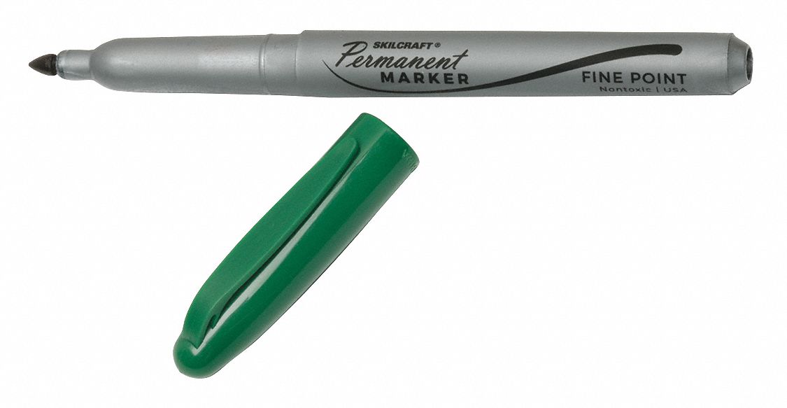 SKILCRAFT Permanent Marker, Green, Marker Tip Fine, Barrel Type Pocket