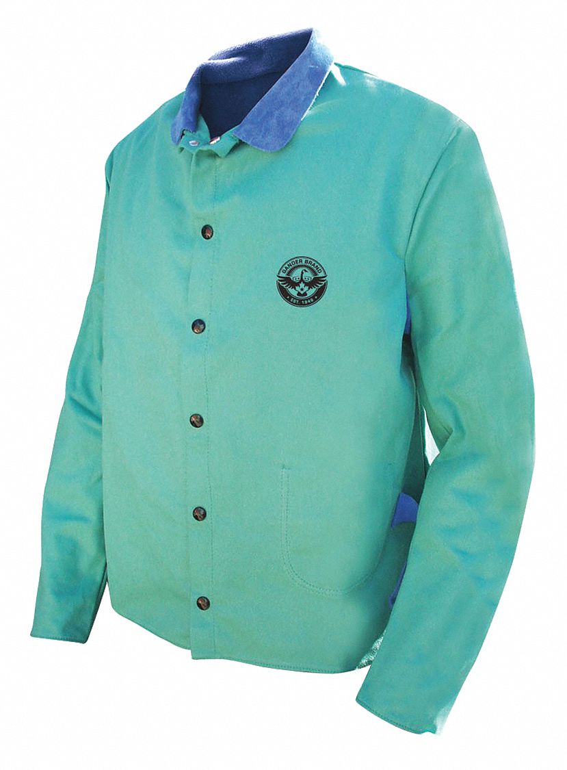 BOB DALE WELDING JACKET, COWHIDE, BLUE/GREEN, CANVAS, FLAME RESISTANT