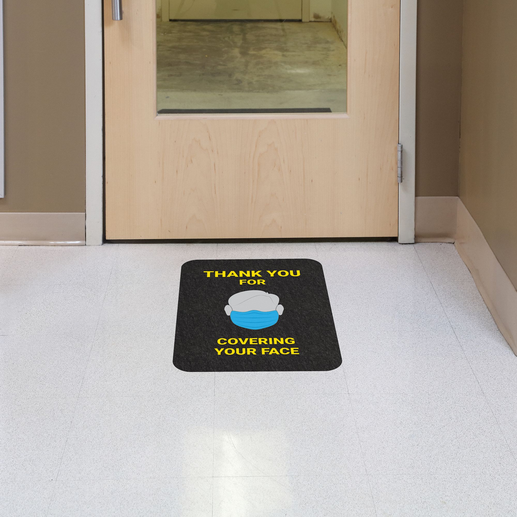 PIG Floor Sign Mat Thank you for Covering Your Face, 17 in x 2 ft, 17
