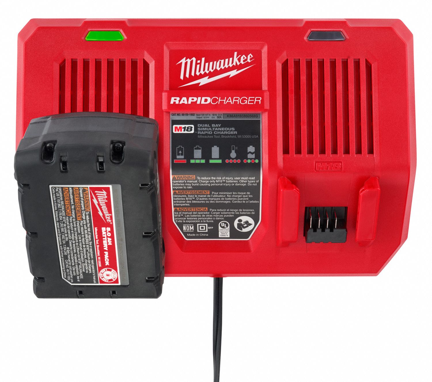MILWAUKEE Battery Charger, 5 Ah Battery Capacity, Number of Ports 2