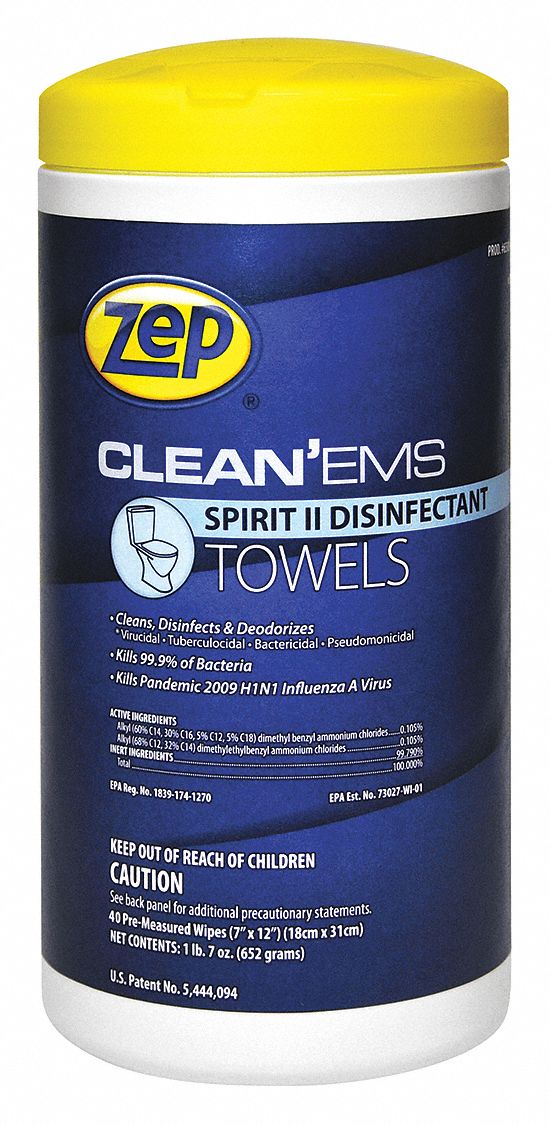 ZEP Disinfecting Cleaning Wipes, 40 ct., Canister, Sheet Size 7 in x 12