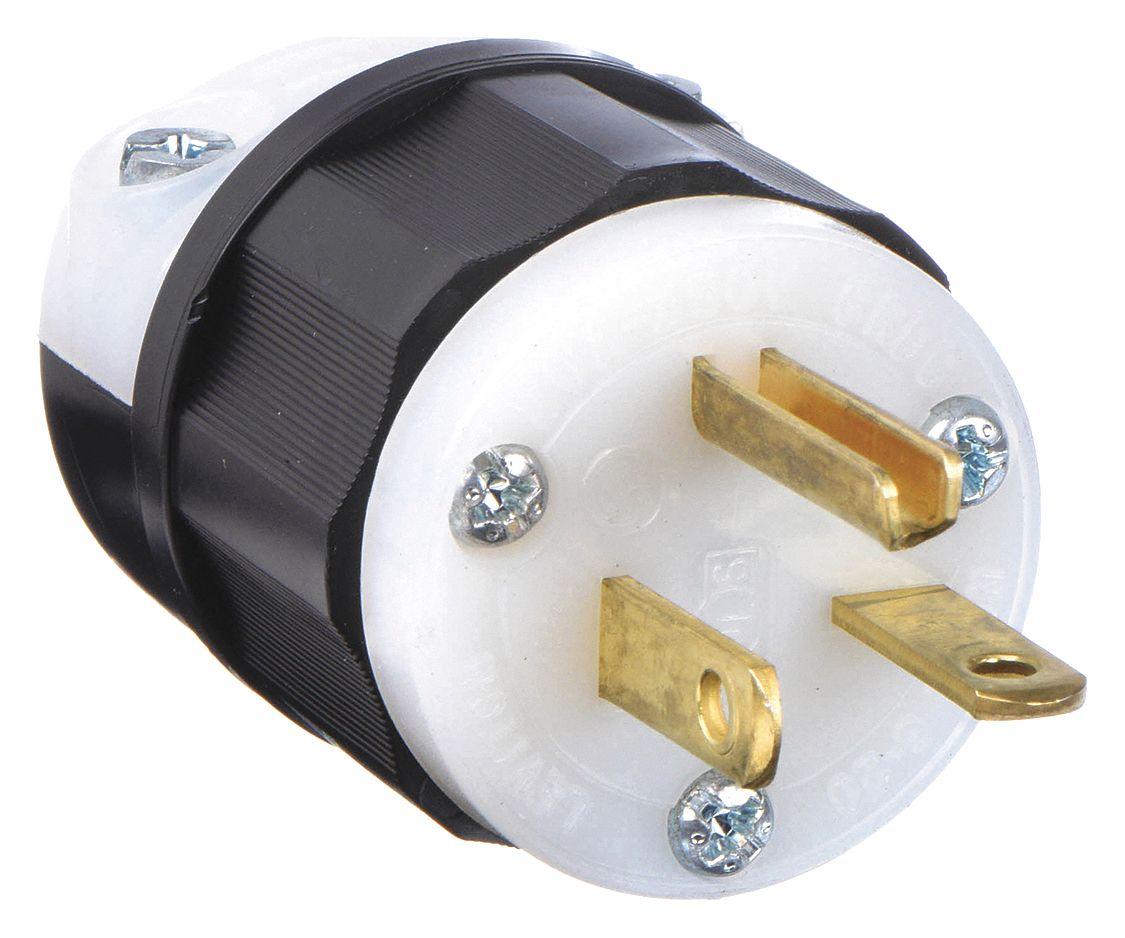 20 AA Industrial Grade Straight Blade Plug, Black/White; NEMA
