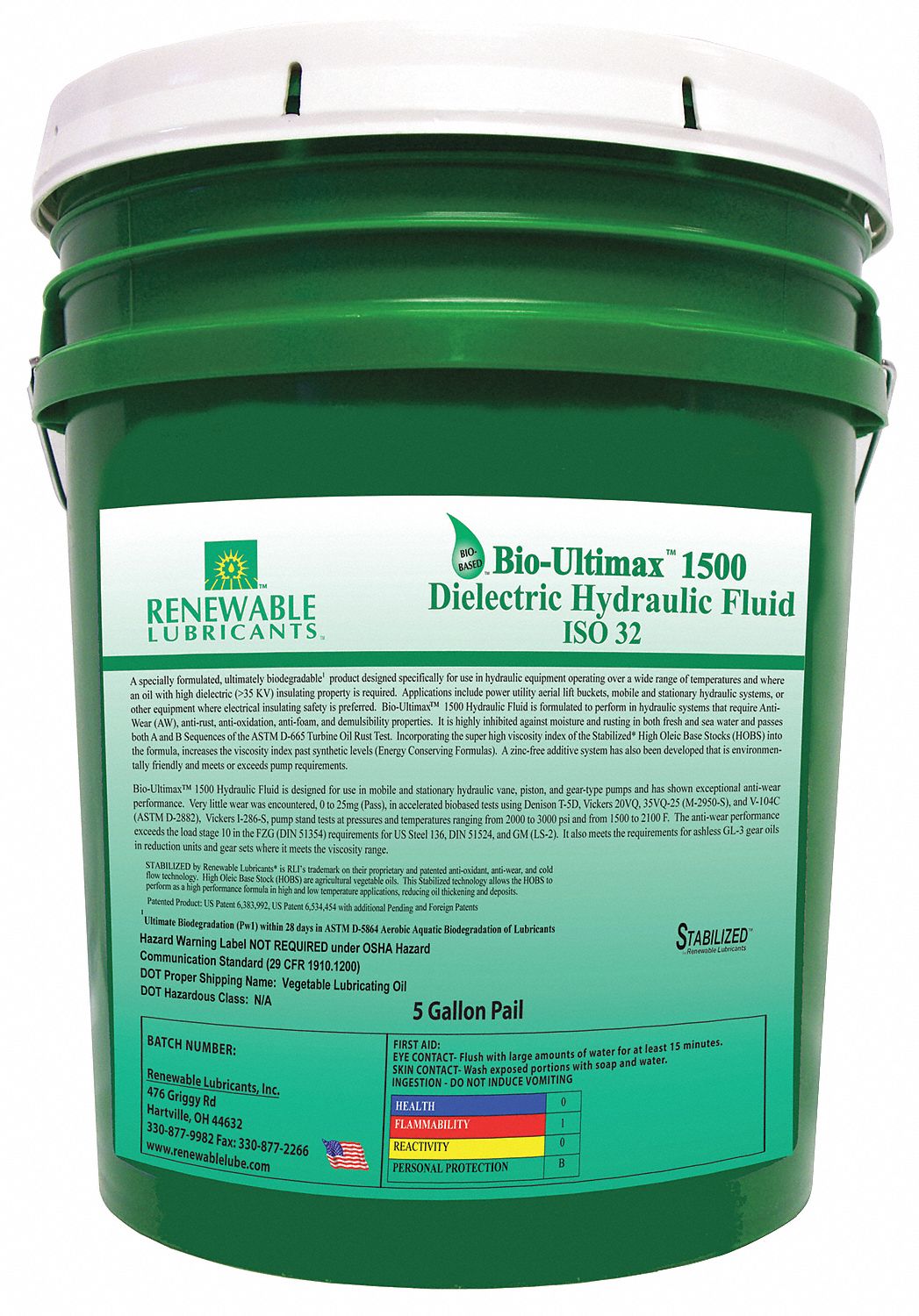 RENEWABLE LUBRICANTS Vegetable Oil Hydraulic Oil, 5 gal Pail, ISO