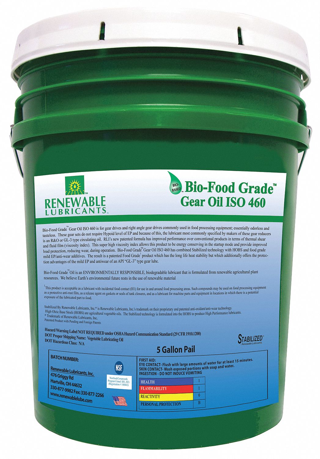 RENEWABLE LUBRICANTS, BioFood Grade, 5 gal, Gear Oil 5JGH087274