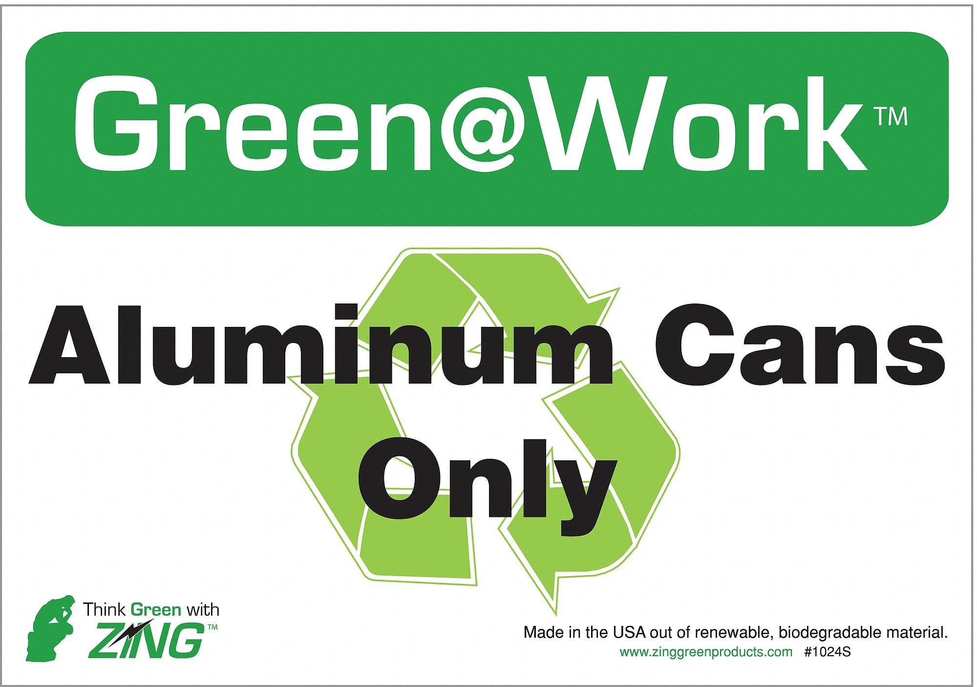 ZING Recycle Label, Aluminum Cans Only, Sign Header GreenWork, Plastic, 7 in x 10 in 5JMY6