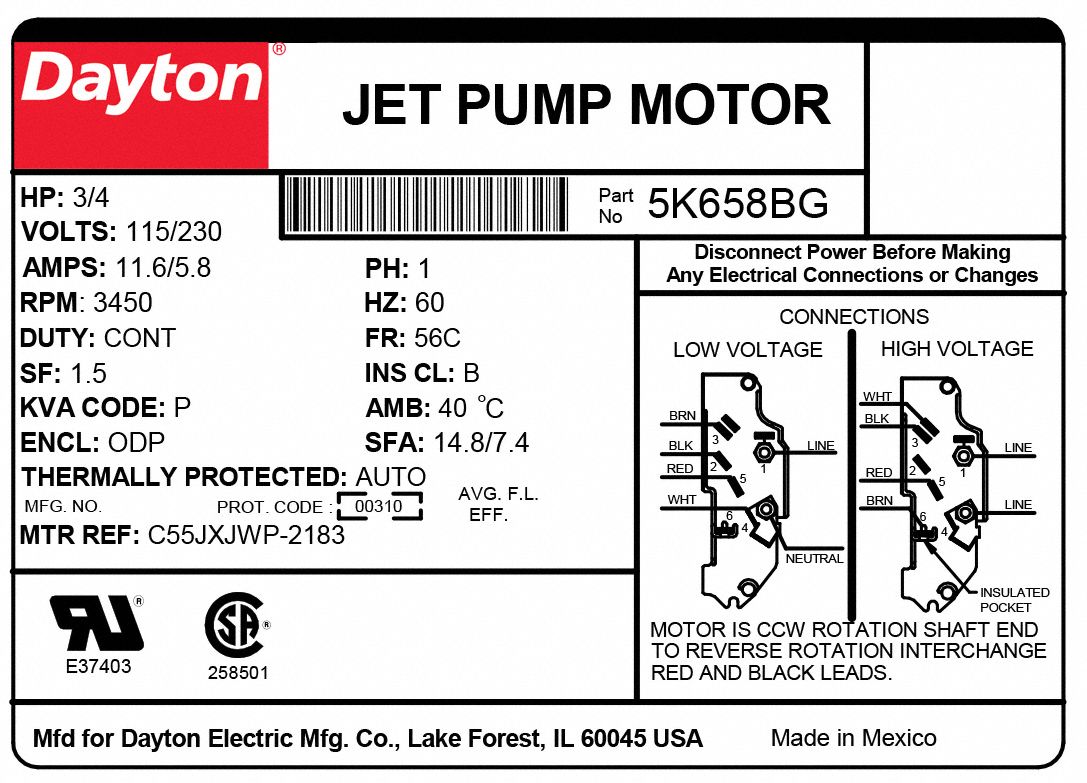 DAYTON Jet Pump Motor: Open Dripproof, Face Mounting, 3/4 HP, 3,450
