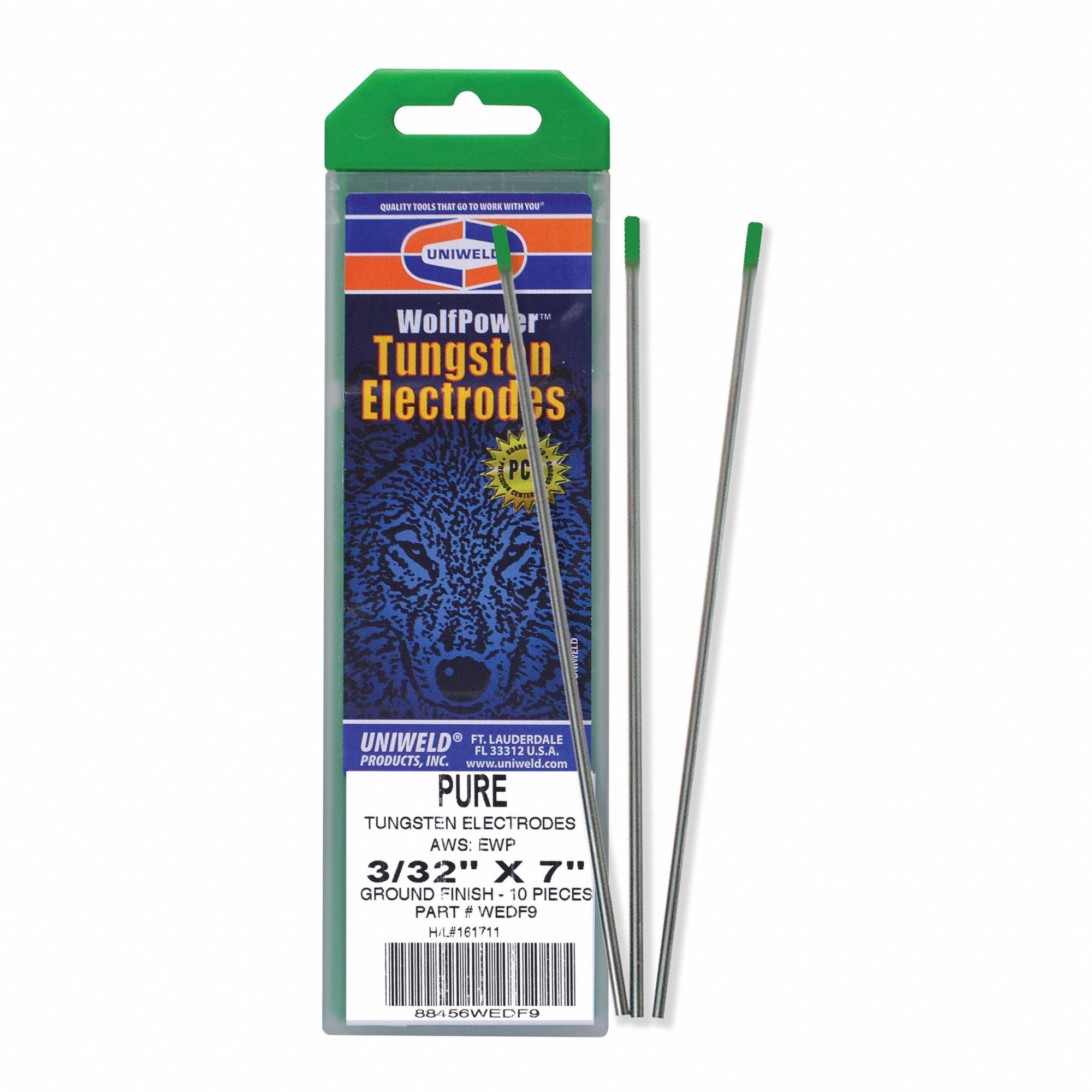 UNIWELD Tungsten Electrode Pure Tungsten, 3/32 in x 7 in, Green, EWP