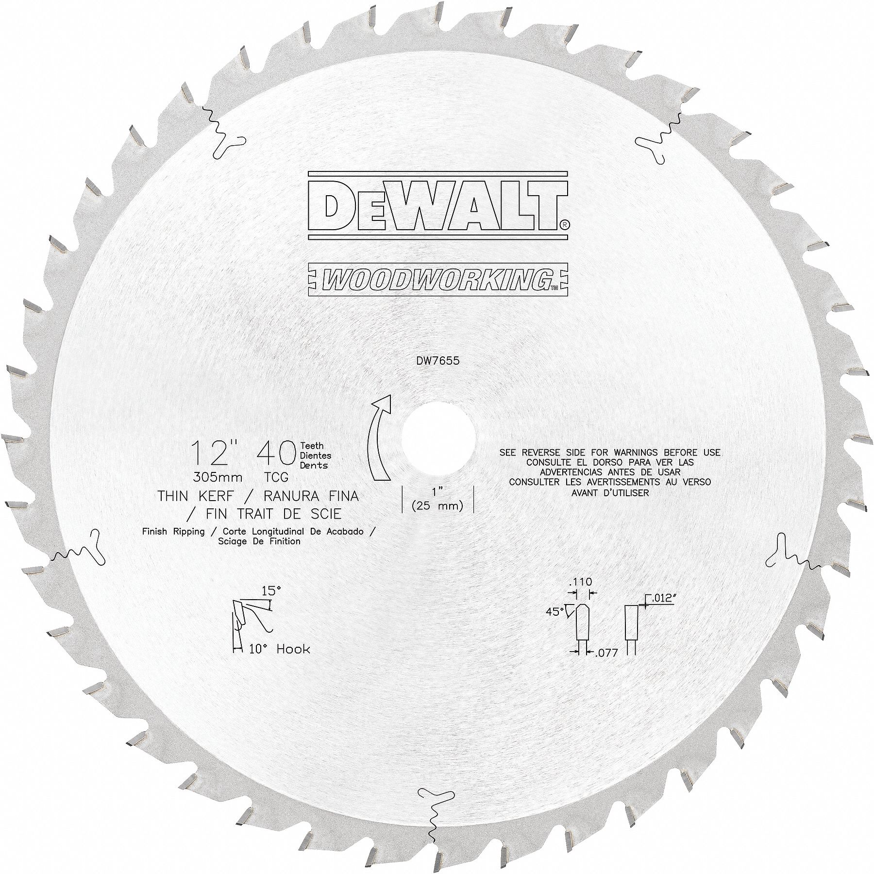 DEWALT Circular Saw Blade, Wood Materials Cut, 12 in Blade Dia., 1 in