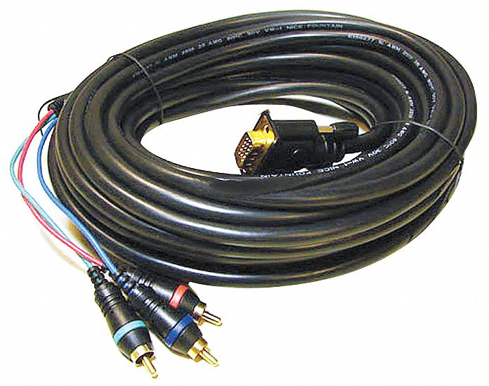 50 ft Projector Cable, VGA(HD15) to 3 RCA Component Male, Black Grainger
