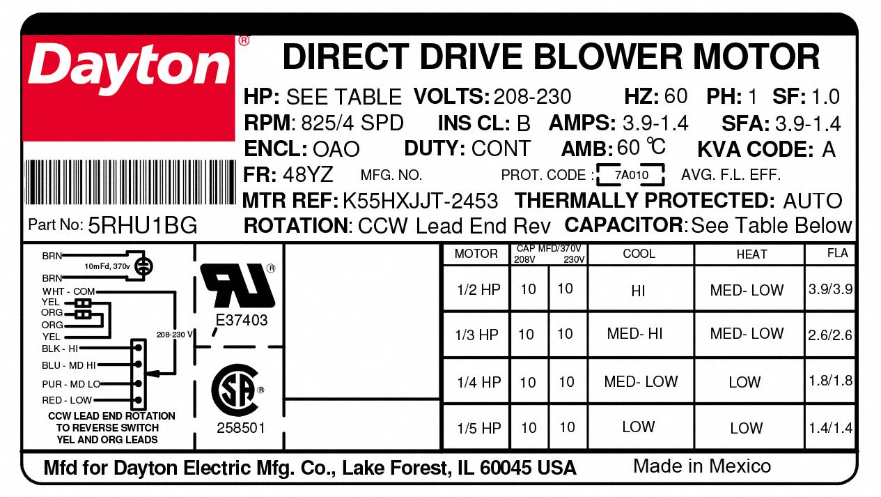 DAYTON Direct Drive Blower Motor: 4 Speed, Open Air-Over, Stud Mount, 1