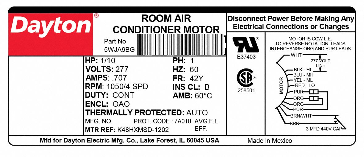 DAYTON Room Air Conditioner Motor 4 Speed, 1/10 HP, 1,050 Nameplate