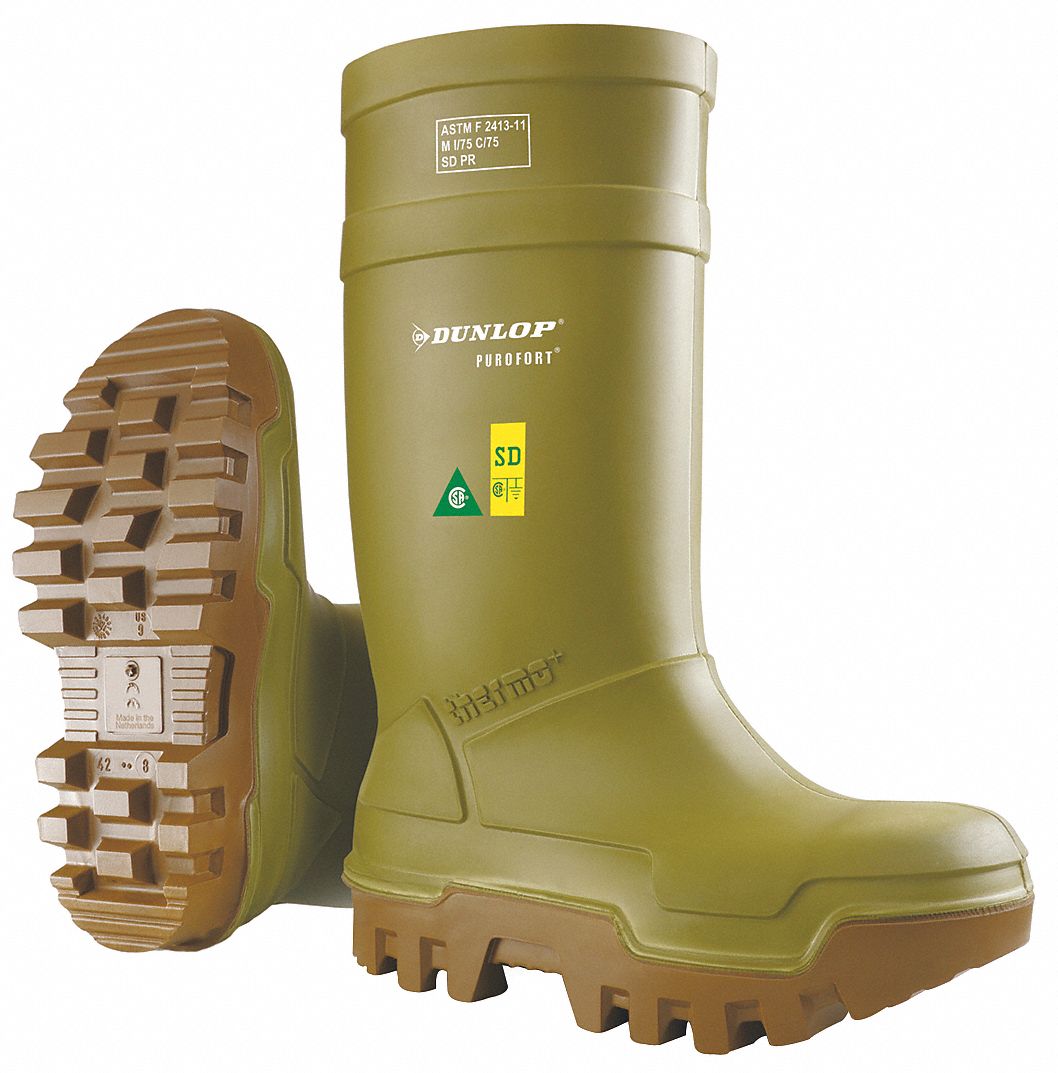 DUNLOP Rubber Boot, Men's, 7, Knee, Steel Toe Type, Polyurethane, Purofort®, Brown, Green, 1 PR