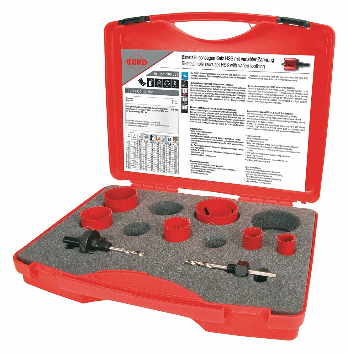 ROTHENBERGER, 8 Pieces, 3/4 in to 2 1/4 in Saw Size Range, Hole Saw Kit