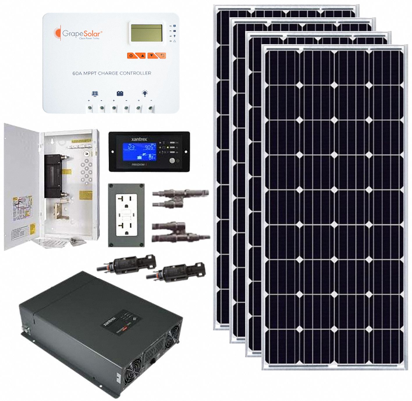 GRAPE SOLAR 800 W, Solar Panel Kit, 12V DC 60UR12GS800XCKIT Grainger