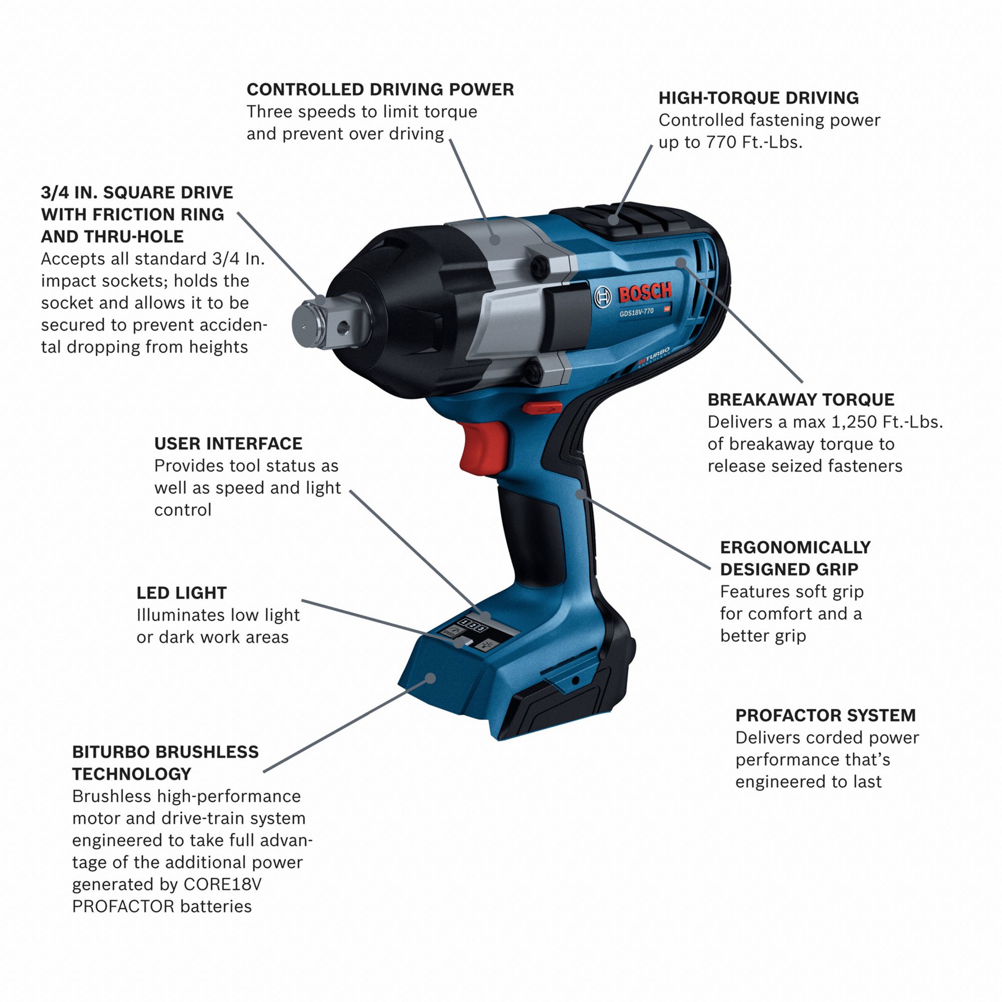 BOSCH Impact Wrench 3/4 in Square Drive Size, 770 ftlb Fastening