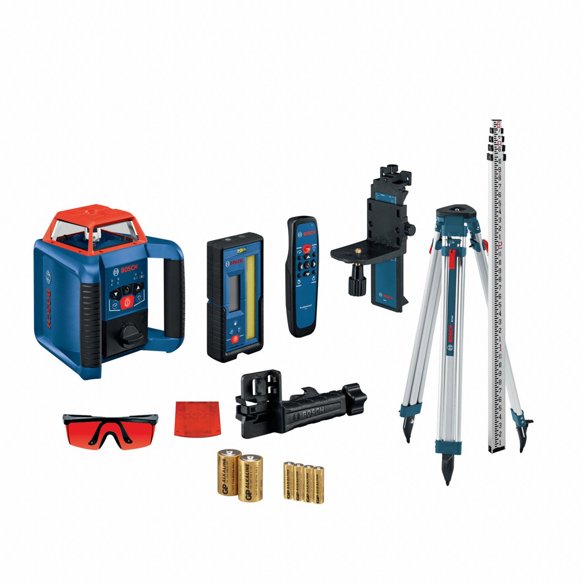 BOSCH, 2,000 ft Range w/Receiver, Red Beam, Rotary Laser - 61KL79