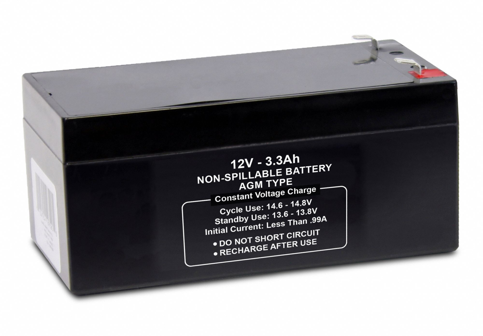 GRAINGER APPROVED 12V DC, Sealed Lead Acid Battery, 3.3 Ah, Faston, 2.