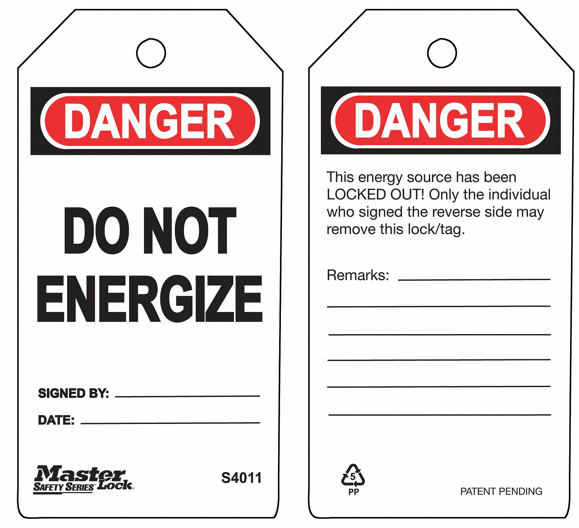 Danger Tag, Polypropylene, Do Not Energize, 53/4" x 3", 6 PK Grainger