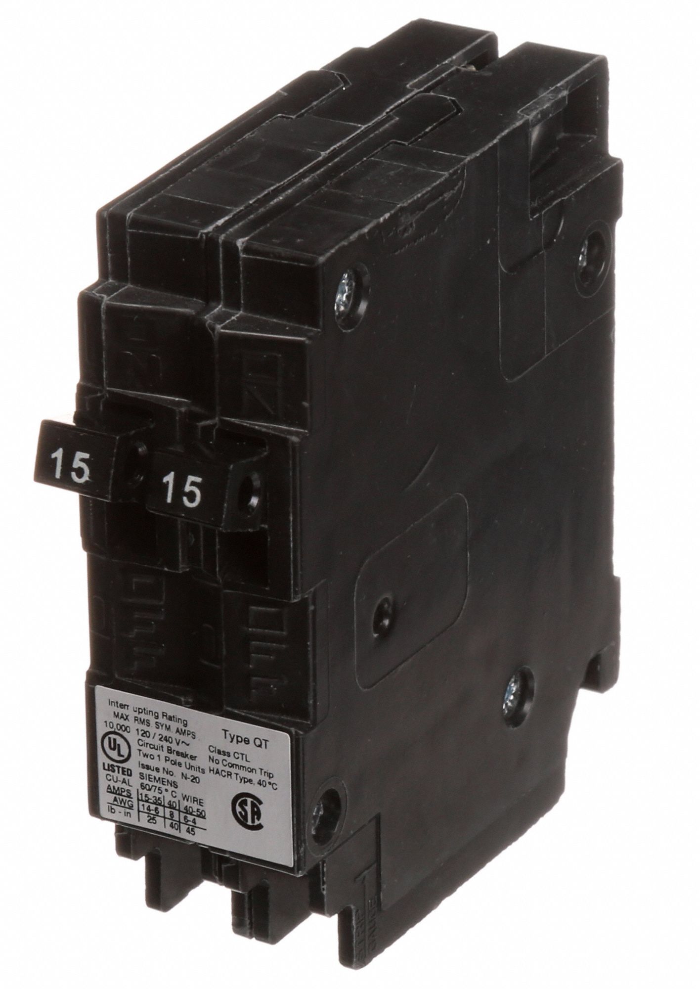 SIEMENS Miniature Circuit Breaker 15/15 A Amps, 120V AC, Single Phase