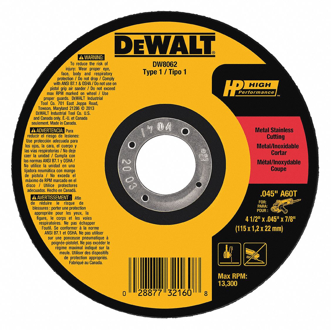 DEWALT 4 1/2 in, Type 1 Aluminum Oxide Abrasive CutOff Wheel, 7/8 in