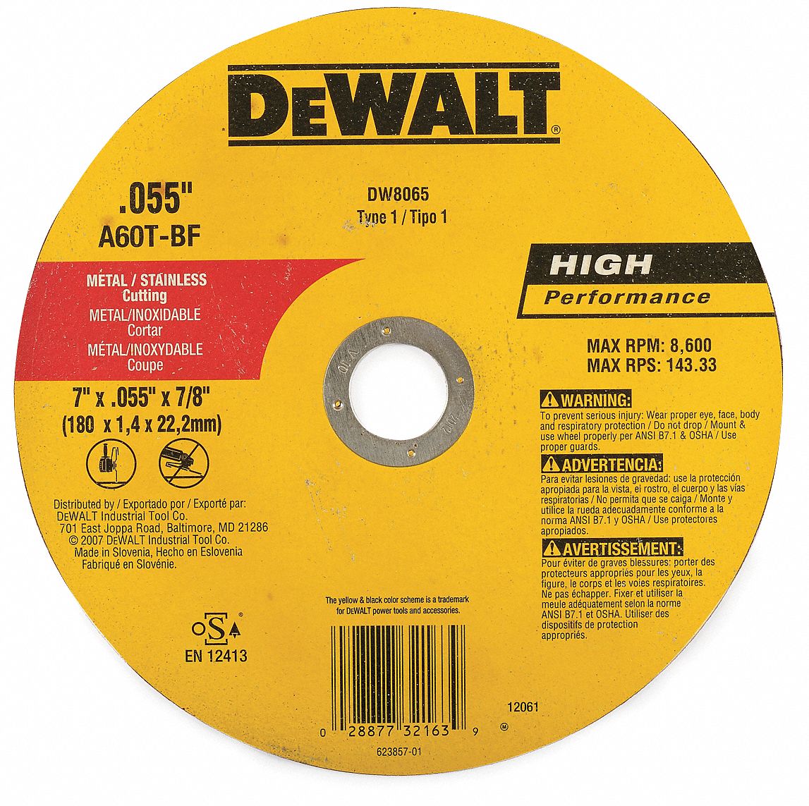 DEWALT 7 in, Type 1 Aluminum Oxide Abrasive CutOff Wheel, 7/8 in Arbor Hole Size, 9/200 in