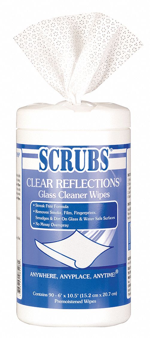 SCRUBS Glass Cleaner Wipes, Canister, 90 ct, Sheet Size 10 1/2 in x 9