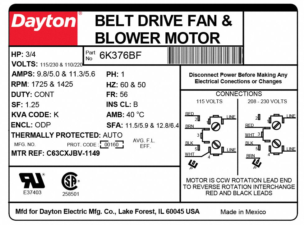 Dayton Belt Drive Motor: 1 Speed, Open Dripproof, Cradle Base Mount, 3/4 Hp, 1,725 Nameplate Rpm - 6K376|6K376 - Grainger