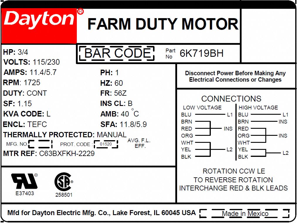 DAYTON High Torque Farm Duty Motor: 3/4, 1,725, 115/230V AC, 56, Manual
