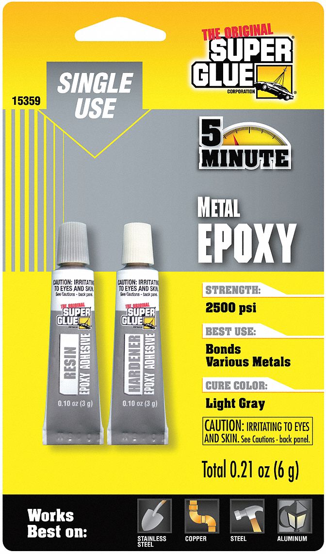 SUPER GLUE Epoxy Adhesive, Tube, 3 g, Gray, 5 min Work Life 6KWE1