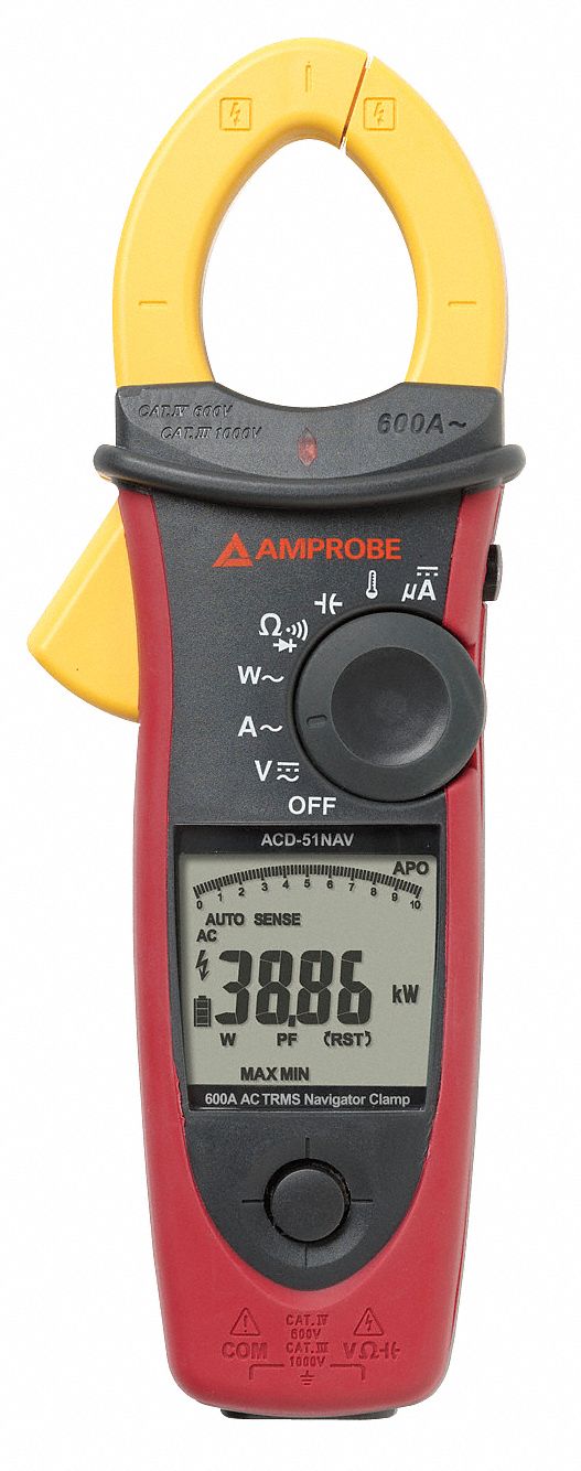 AMPROBE, CAT IV, 600 A Max. AC Current, ClampOn Power Meter 6NZH7