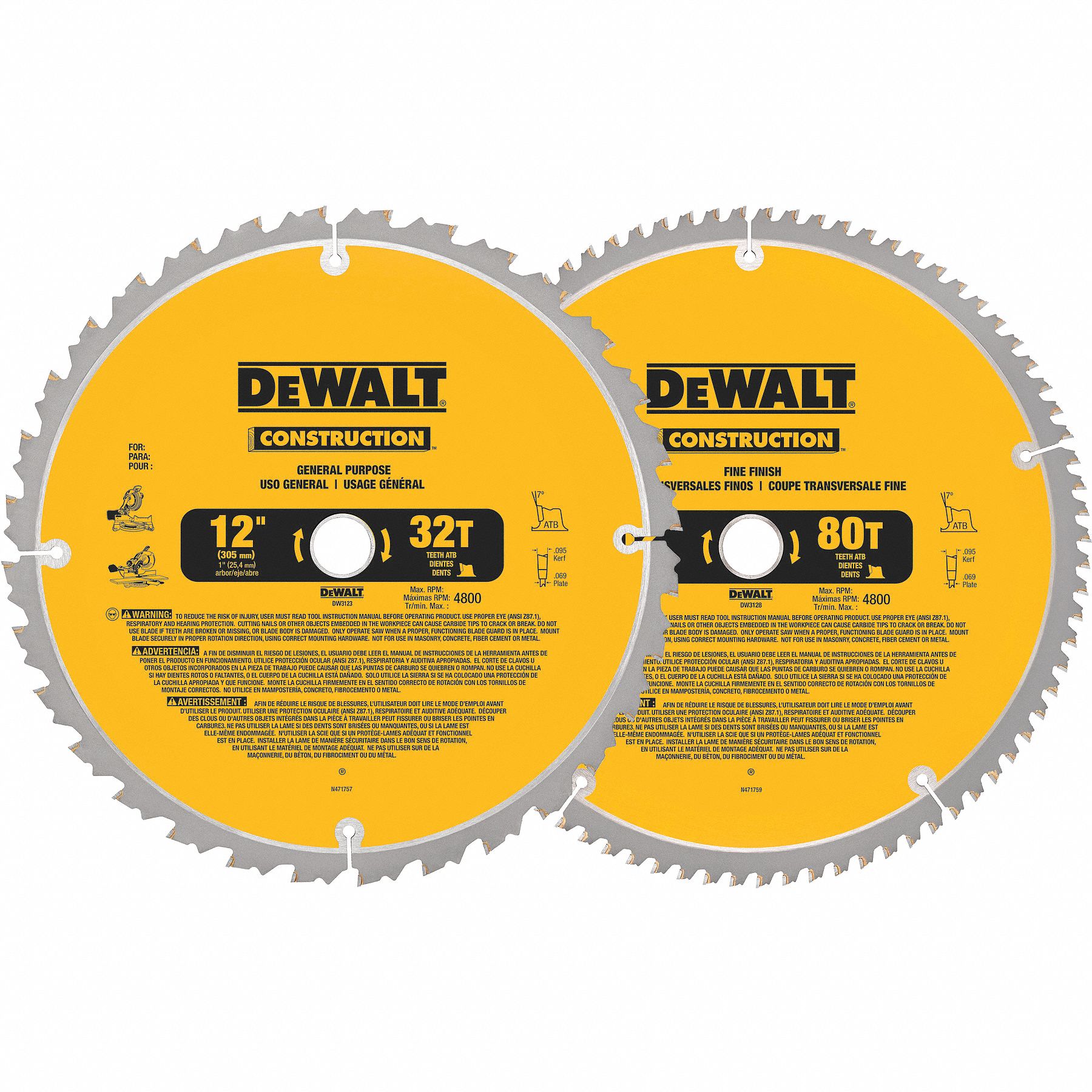 DEWALT Circular Saw Blade, Wood Materials Cut, 12 in Blade Dia., 1 in