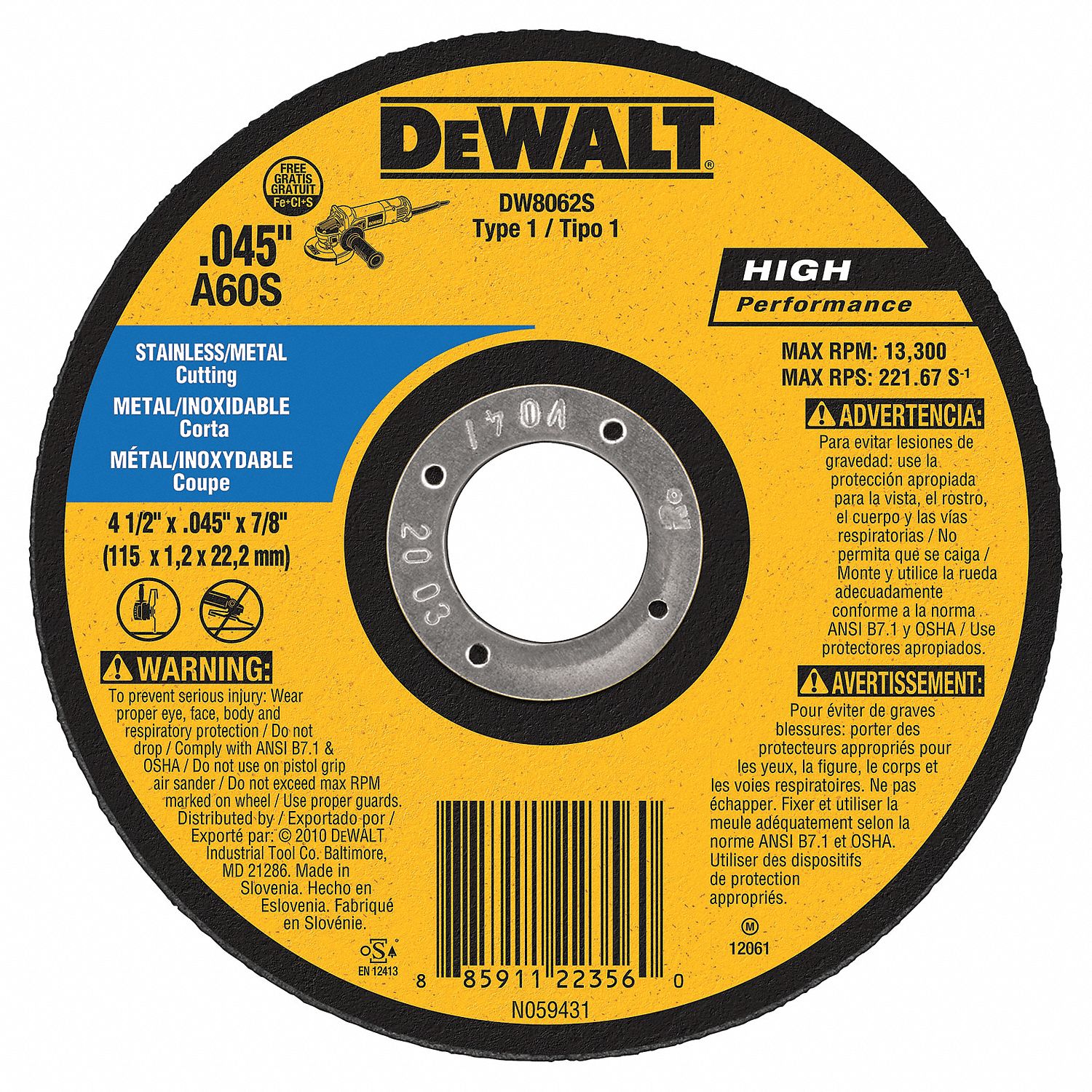 DEWALT 4 1/2 in, Type 1 Aluminum Oxide Abrasive CutOff Wheel, 7/8 in Arbor Hole Size 6TMP9