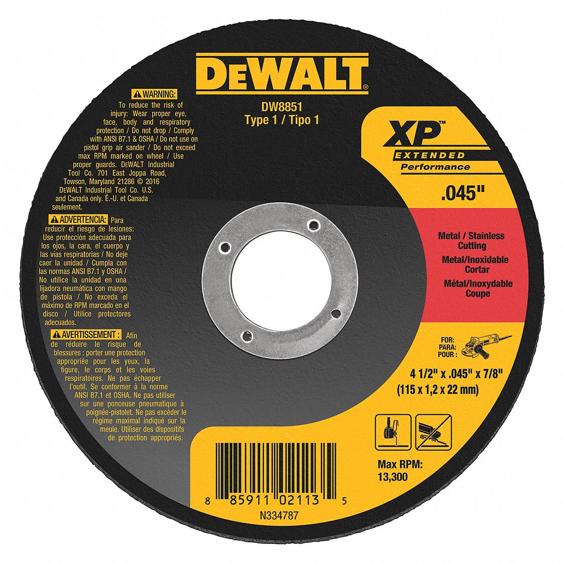 DEWALT 4 1/2 in, Type 1 Zirconia Alumina Abrasive CutOff Wheel, 7/8 in