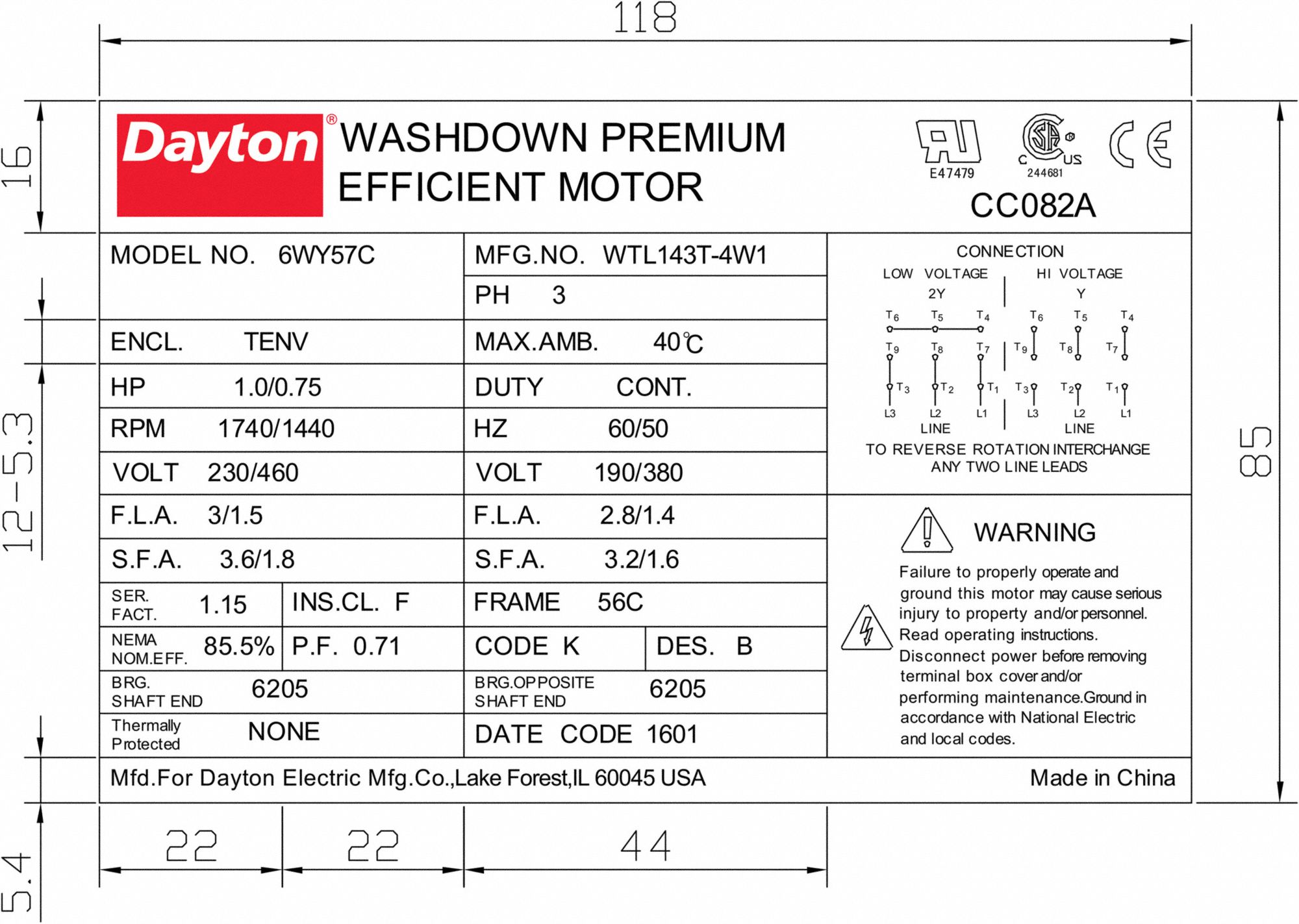 DAYTON Washdown Motor: 3-Phase, 1 HP, 1,740 Nameplate RPM, 230/460V AC