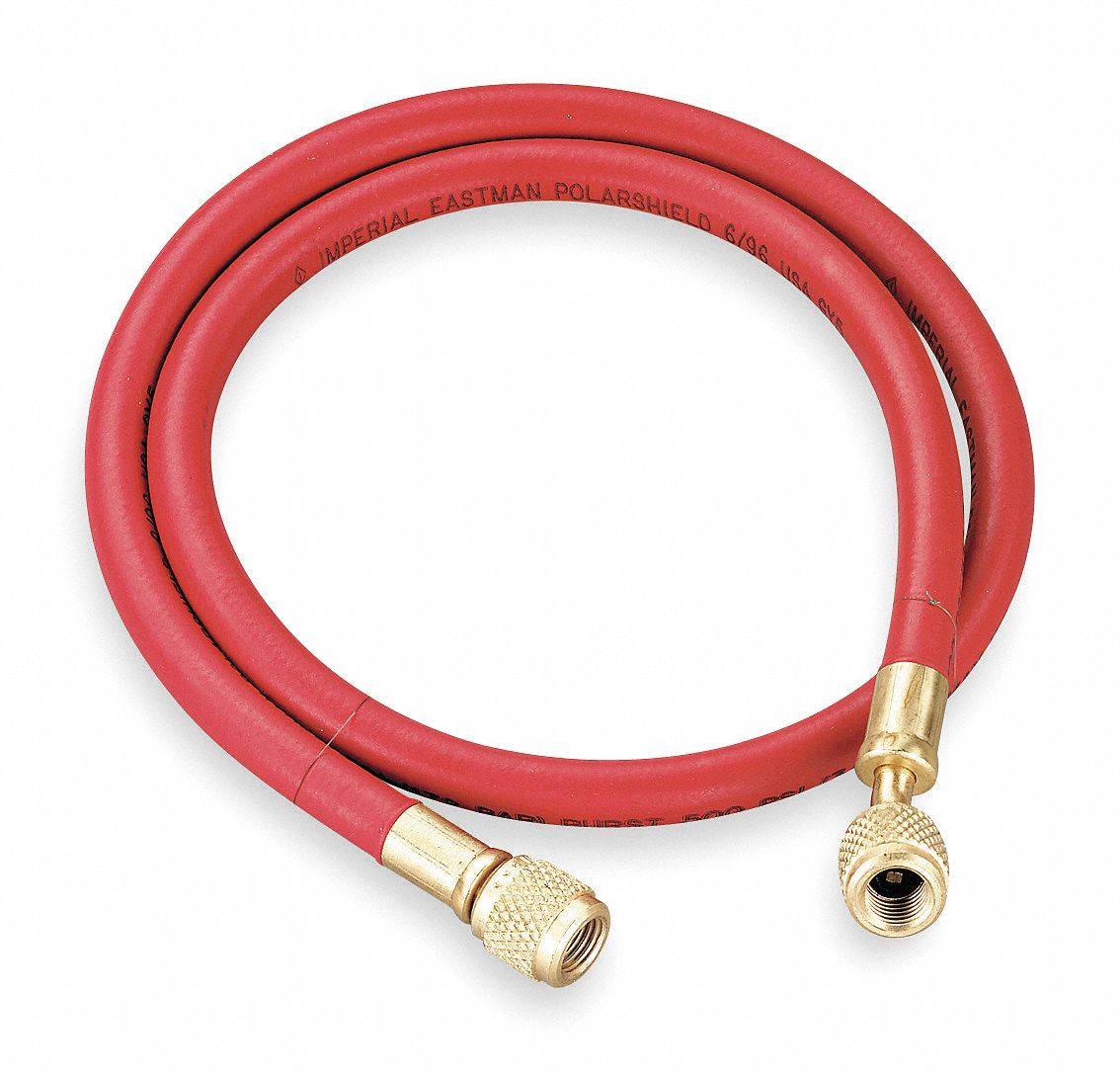 JB INDUSTRIES Charging/Vacuum Hose, Low Loss Fitting, 30°, 1/4 in Female, Brass Fitting Material