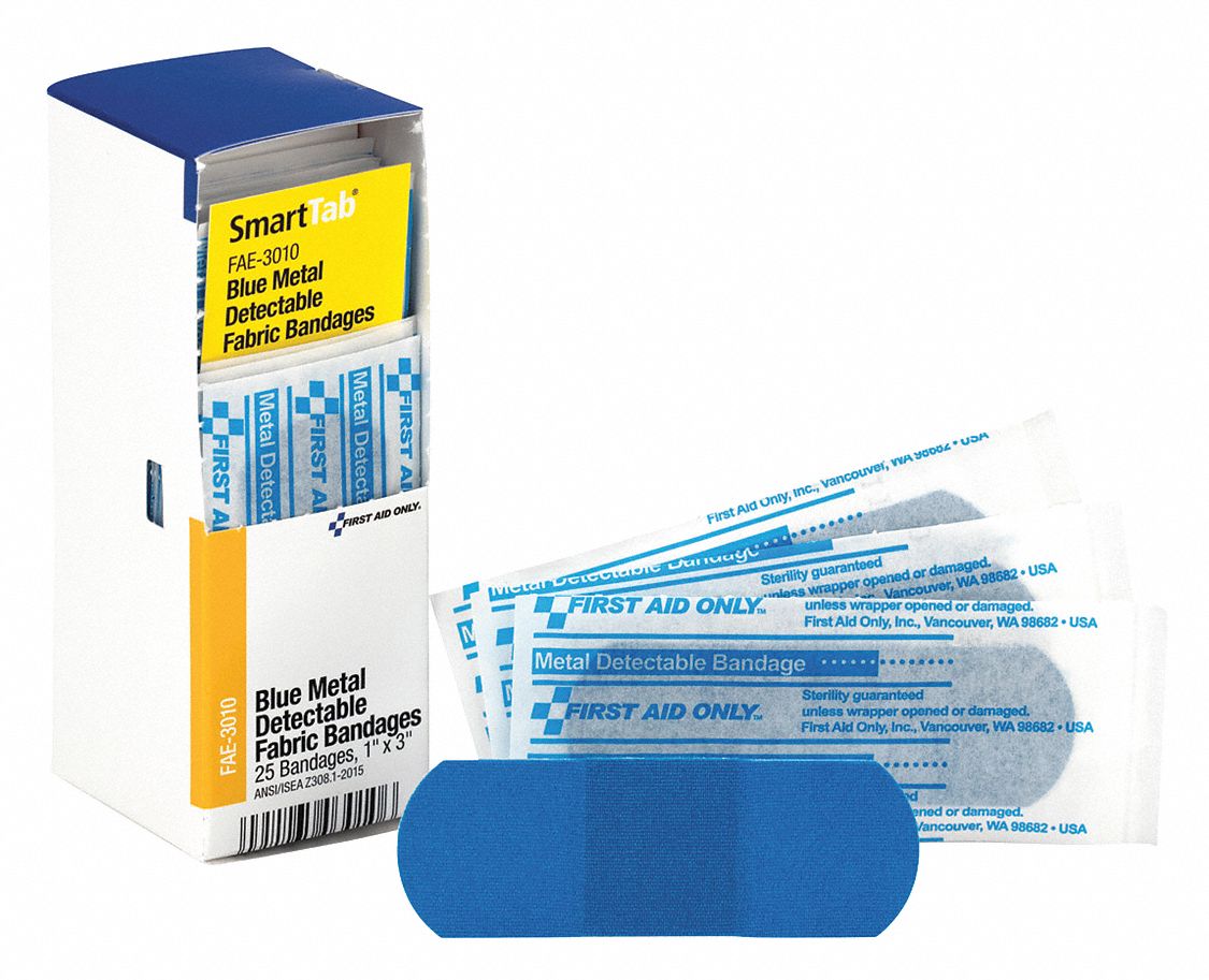FIRST AID ONLY Fabric Strip Bandages, 3 in x 1 in, Blue 6XNA9FAE3010 Grainger