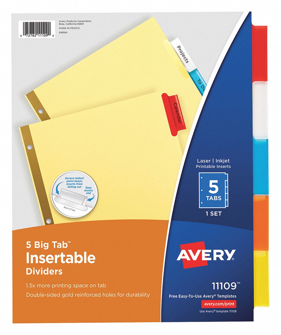 AVERY Binder Divider with 5 Insertable Labels, Multicolor Blank, 8 1/2