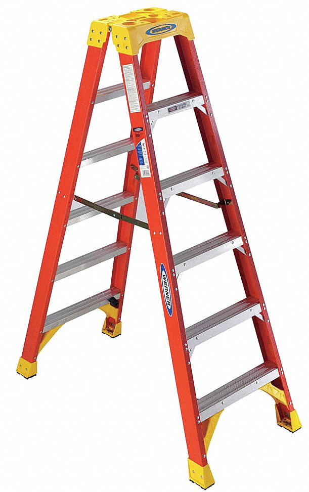 WERNER, 6 ft Ladder Size, Fiberglass, Twin Stepladder 6YG80T6206