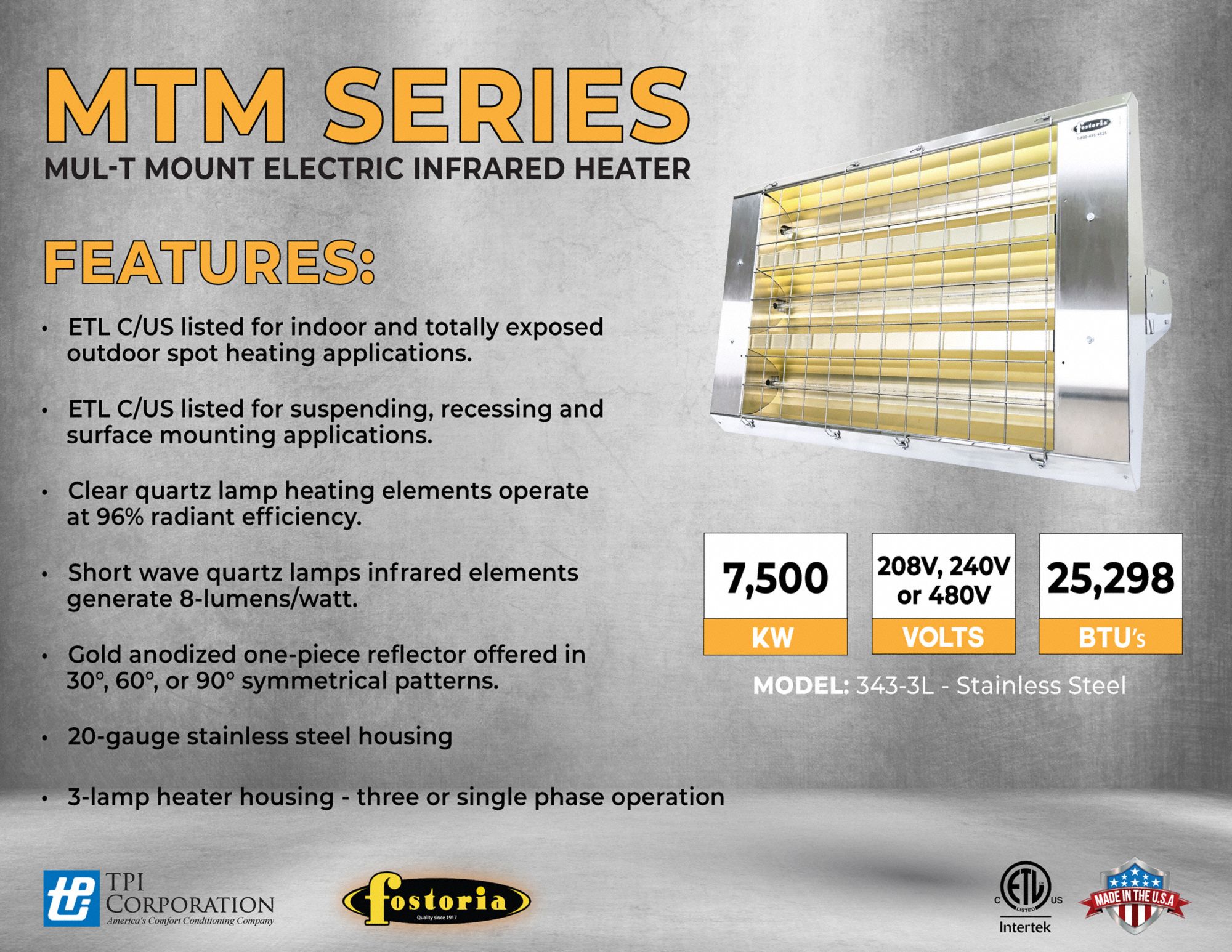 FOSTORIA Infrared Quartz Electric Heater 7500 W Watt Output, 480 V AC