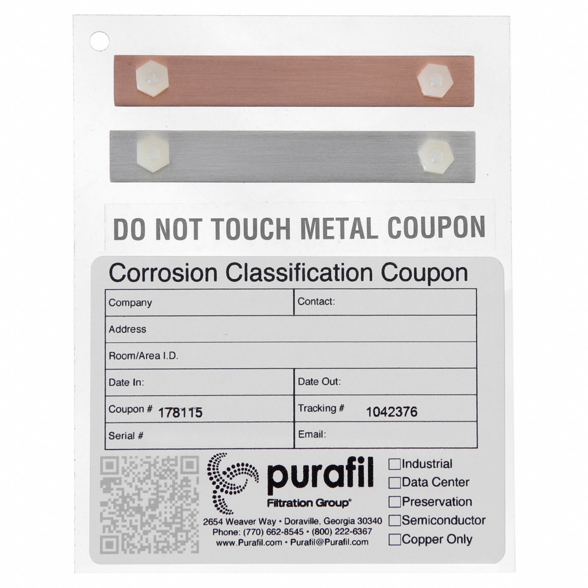 PURAFILTER, Corrosion Testers, 1CCC2S, Corrosion Classification Coupon 804TK61CCC2S Grainger