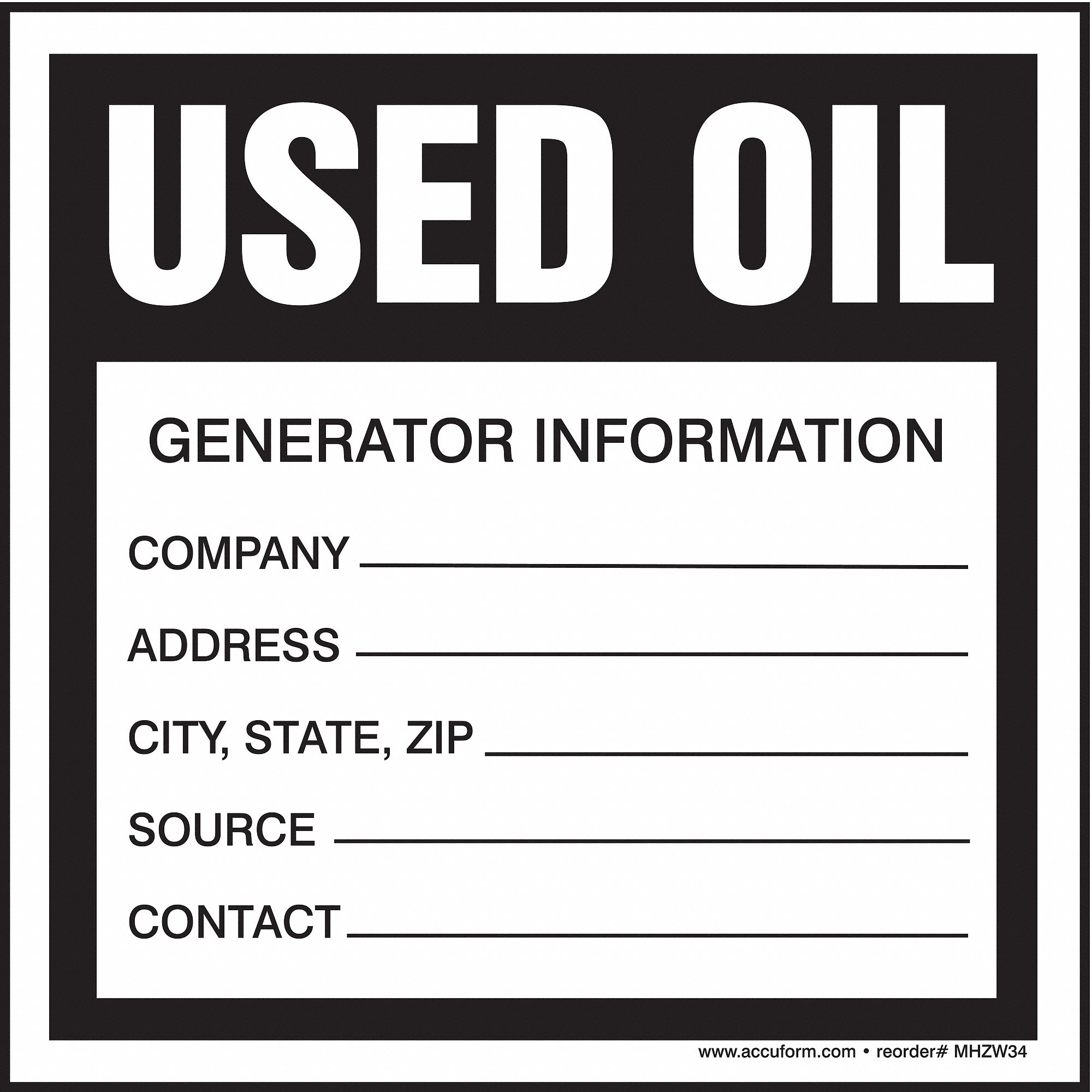 Used Oil/Generator Information, 6 in Label Wd, DOT Handling Label